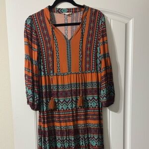 Boho Tassel Maxi Dress in Orange & Teal Geo Print